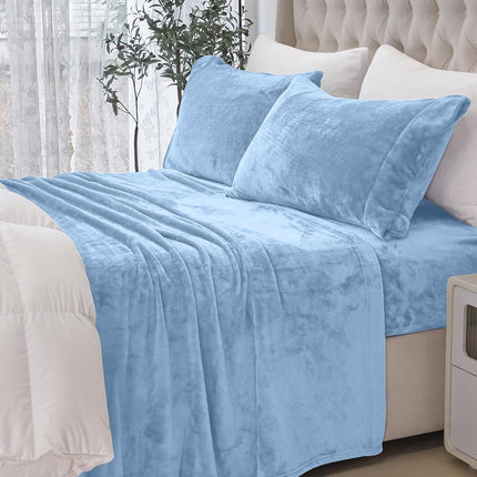 Elegant Comfort Luxuriously Soft 4-Piece Velvet Plush Flannel Sheet Set - Premium Quality - Cozy Warm, Anti-Static, Non Pilling Fuzzy Velvet Flannel Fleece Deep Pocket Sheet Set - Twin XL, Denim Blue
