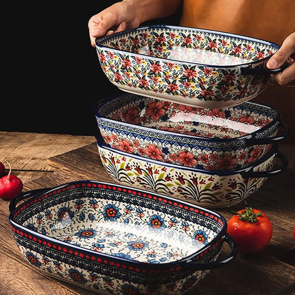 Bicuzat Vintage Style Pottery Bakeware Ceramic Casserole Dish Baking Pan Lasagna Pans Baking Dish with Handles for Oven/Cooking/Kitchen-1 PCS, Large Capacity, 60 OZ