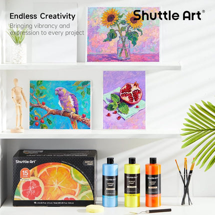 Shuttle Art Acrylic Paint Set, 15 Colours Acrylic Paint Bottle Set (473ml/16oz), Rich Pigmented Paints, Bulk Painting Supplies for Artists, Beginners Kids on Rocks Crafts Canvas Wood Ceramic