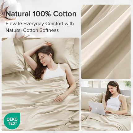 Comfort Spaces 100% Cotton Sheets Queen, Breathable & Ultra Soft Cotton Sheets, Naturally Cool Cotton Bed Sheets with 14" Elastic Pocket Fits up to 16" Mattress, All Seasons Sheet Set, Cream 4 Piece