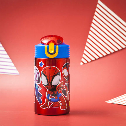 Zak Designs Marvel Spider-Man Botella de agua de acero inoxidable 18/8 de una sola pared para niños, tapa con boquilla abatible con cierre, vaso duradero para deportes o viajes (458 ml, sin BPA, Spidey y sus sorprendentes amigos)