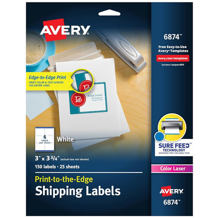Avery White Laser Labels for Color Printing, 3 x 3-3/4 Label, 150 Labels, 5 Packs (6874)