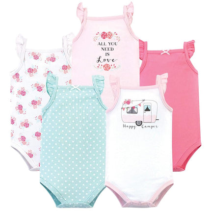 Hudson Baby Unisex Baby Cotton Sleeveless Bodysuits, Pink Happy Camper, 9-12 Months