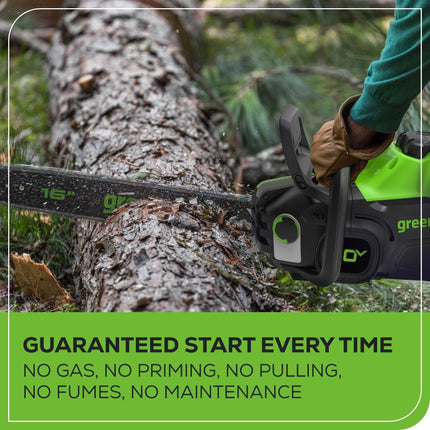 Motosierra inalámbrica sin escobillas Greenworks 80V de 16" (ideal para talar árboles, desramar, podar y cortar leña), más de 75 herramientas compatibles, batería de 2.5Ah y cargador incluidos