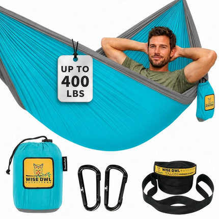 Wise Owl Outfitters Hammock for Camping Single Hammocks Gear for The Outdoors Backpacking Survival or Travel - Portable Lightweight Parachute Nylon SO Lt Blue & Grey