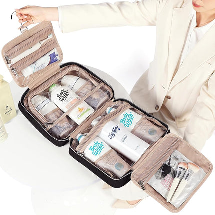 NISHEL Travel Toiletry Bag for Women, Portable Hanging Organizer for Full-Sized Shampoo, Conditioner, Brushes Set, Makeup Accessories, Large Size, Black