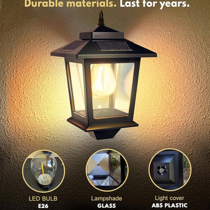 2 Pack Solar Wall Lanterns with Replaceable Bulb, Outdoor Hanging Solar Lights with 4 Solar Panels, Dusk to Dawn Led Outdoor Wall Sconce, Anti-Rust Waterproof Wall Lanterns with Hooks