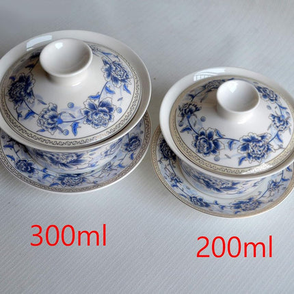 Chinese Porcelain Teacups 10oz Gaiwan Flower Tureen Tradition Sancai Cover Bowl Lip Cup Saucer Tea Set Loose Tea Blooming (Blue Silk Peony)