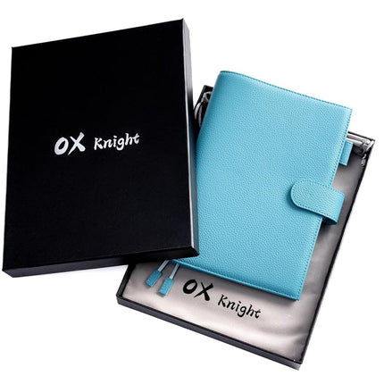 Ox Knight A5 Leather Planner Cover for Hobonichi Cousin, Stalogy, Midori, Leuchtturm1917, and More - with Pen Loop, Card Slots, Back Pocket, and Bookmarks (Light Blue)