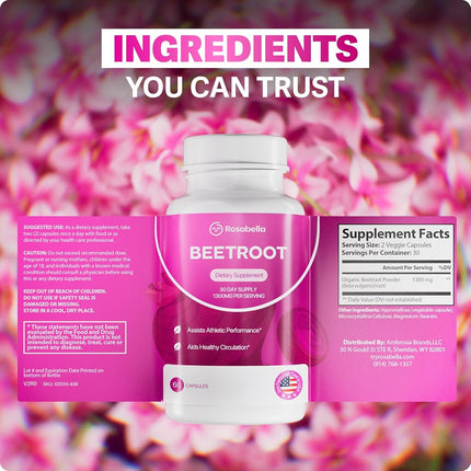 Rosabella Organic Beet Root Capsules - 1300mg Beet Root Powder Aids Healthy Circulation & Vitality, Non-GMO, Beet Root Supplement - 120 Capsules, 60-Day Supply