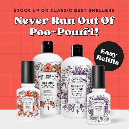 Recharge de vaporisateur de toilettes avant utilisation Poo-Pourri, Hibiscus Tropical, 473 ml, Jusqu'à 800 utilisations, Désodorisant de salle de bain avec huiles essentielles pour la maison ou le travail, Parfum Hibiscus, Abricot et Agrumes