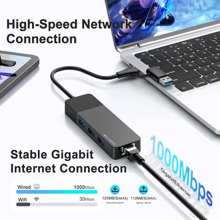 ALL-LUCKY USB to Ethernet Adapter, 4 in 1 USB C to Ethernet Adapter Hub with 3 x USB 3.0 Port/Gigabit Internet Port, High-Speed Network Hub Compatible for iMac,MacBook Pro