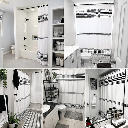 Seasonwood Cortina de ducha larga, tela blanca y negra con borlas, cortinas de ducha modernas estilo casa de campo para baño, impermeable, duradera, 72 pulgadas de ancho x 78 pulgadas de largo