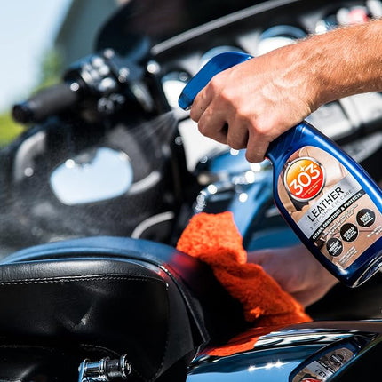 303® Automotive Leather 3-in-1 Complete Care Spray, conditions leather to prevent cracking and fading, strong UV protection, safe for all finished leather and vinyl (30218) 473 ml