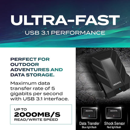 ADATA HD710 Pro 2TB HDD, USB 3.1, IP68 Waterproof/Shockproof/Dustproof Ruggedized External Hard Drive, Black (AHD710P-2TU31-CBK)