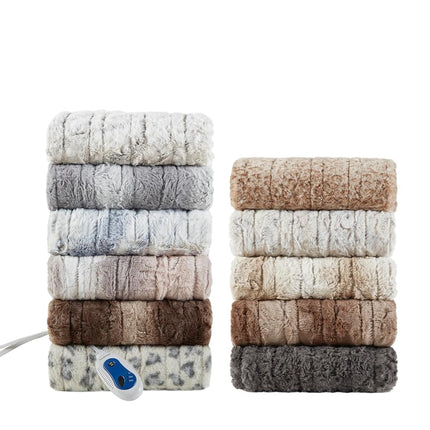 Couverture chauffante électrique réversible Beautyrest Zuri en fausse fourrure et vison, arrêt automatique, quasiment zéro champ électromagnétique, plusieurs réglages de chaleur, certifiée UL, lavable en machine, plaid 127x178 cm rose poudré/gris