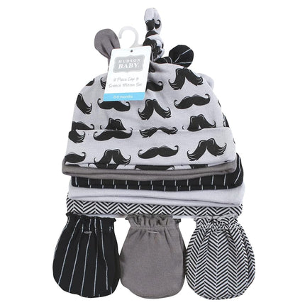 Hudson Baby Unisex Baby Cotton Cap and Scratch Mitten Set, Modern Mustache, 0-6 Months