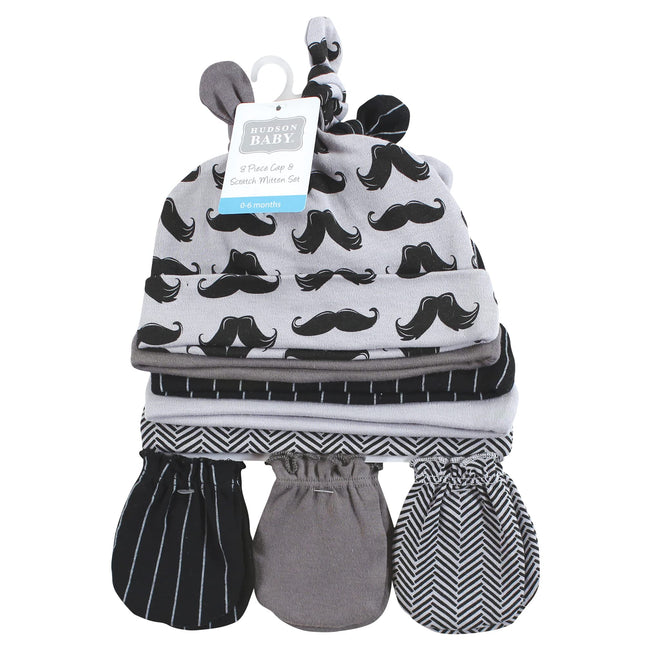 Hudson Baby Unisex Baby Cotton Cap and Scratch Mitten Set, Modern Mustache, 0-6 Months