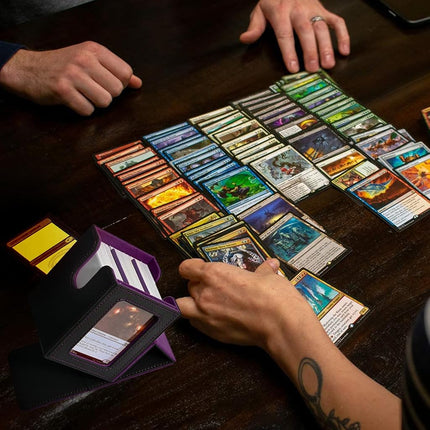 UAONO Card Deck Box with Command Display, Holds 100+ Double-Sleeved Cards, Storage Box Fits FFG/PTCG/Sports Cards with 2 Dividers, 1 Toploader (Black, Purple)