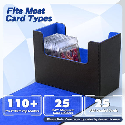 AWESOPAL Premium Graded Card Storage Box, PU Leather Case for PSA BGS Slabs, Toploader Holder for Trading & Sports Cards Fits 3” x 4” Rigid Cards (Black&Blue)