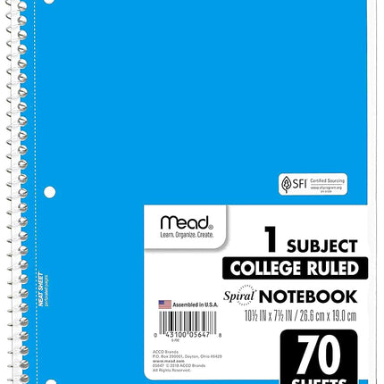 Mead Spiral Notebooks, 6 Pack, 1-Subject, College Ruled Paper, 10-1/2" x 8”, 70 Sheets per Notebook, Assorted Colors (73065)…