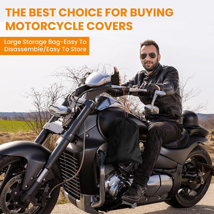 SRIMMIT Motorcycle Cover, Heavy Duty 420D Universal Motorbike Covers, Sun,Waterproof Outdoor Protection,with License Plate Window, 4 Reflective Strips, Lock-Holes Storage Bag (XL (90 x 37 x 49))