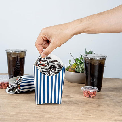 Bio Tek 4.7 x 3.5 x 5.1 Inch French Fry Cup, 100 Disposable Snack Cups - Stackable, Sustainable, Blue and White Paper 4 Ounce Fry Holder, for Fries, Onion Rings, Popcorn, or Cookies - Restaurantware
