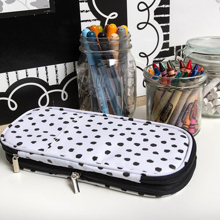 Teacher Created Resources Black Painted Dots on White Pencil Case Multifunctional Large Capacity Bag Pouch Holder Organizer