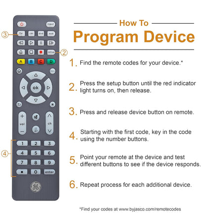 GE Backlit Universal Remote Control for Samsung, Vizio, LG, Sony, Sharp, Roku, Apple TV, TCL, Panasonic, Smart TV, Streaming Players, Blu-Ray, DVD, Simple Setup, 4-Device, Graphite, 48848