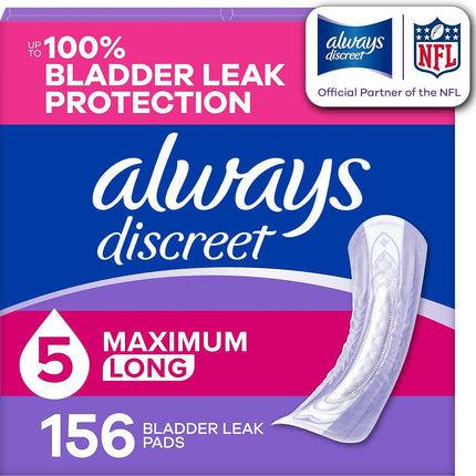 Always Discreet Adult Incontinence Pads for Women, Heavy Absorbency, Long Length, Postpartum Pads, 156 CT