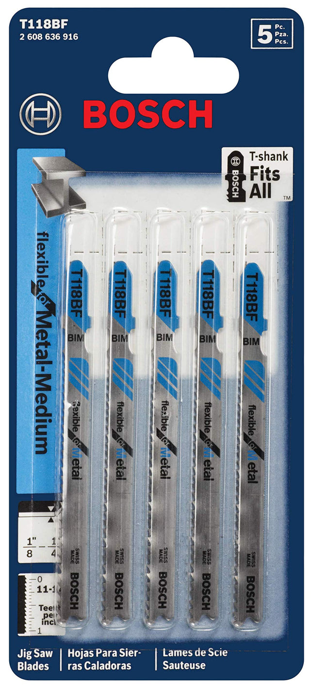 Bosch T118BF 5 Pieces 3-5/8 in. 11-14 TPI Flexible for Metal T-Shank Jig Saw Blades