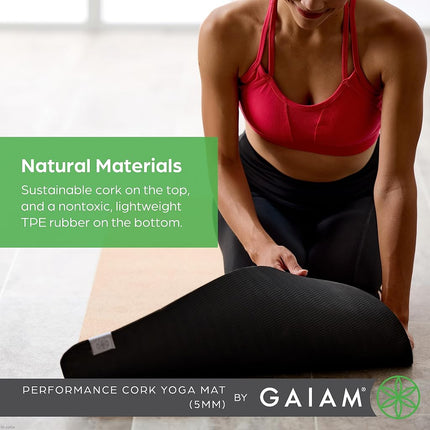 Gaiam Yoga Mat Cork - Great for Hot Yoga, Pilates (68-Inch x 24-Inch x 5mm Thick) Black/Brown