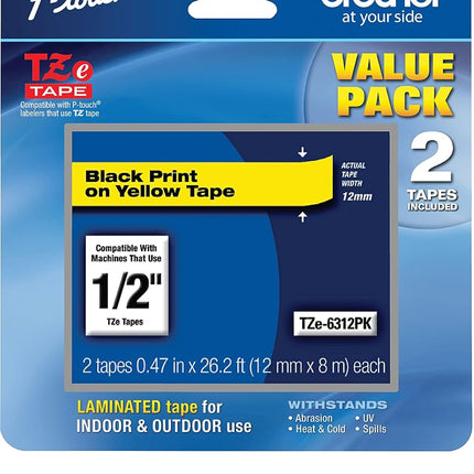 Brother Genuine P-Touch, TZe-6312Pk Tape ½” (12mm) 2-Pack Laminated P-Touch Tape, Black On Yellow Perfect for Indoor Or Outdoor Use, Water Resistant, 26.2 Ft. (8M)