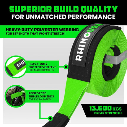 Rhino USA Recovery Tow Strap (7.6cm x 6.1m) - 13,600kg Heavy Duty Towing
