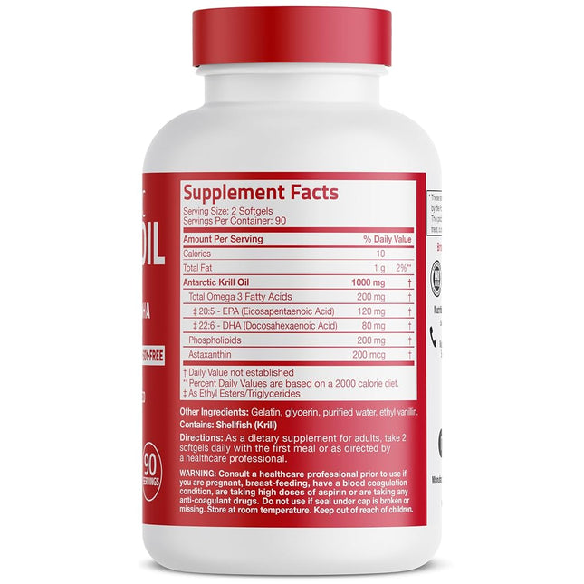 Bronson Antarctic Krill Oil 1000 mg with Astaxanthin, 180 Softgels (90 Servings)