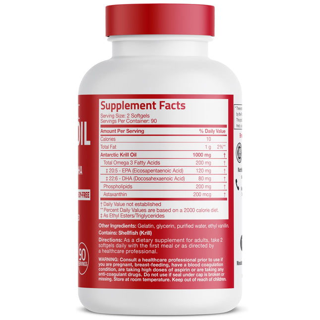 Bronson Antarctic Krill Oil 1000 mg with Astaxanthin, 180 Softgels (90 Servings)