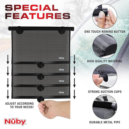 Nuby 14" Roller Vehicle Side Window Sun Protection Shade for Baby | 2 Pack | Pull Down with Suction Cups and Press Button Roll Up | Black