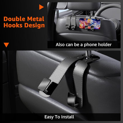 Geyrut Ganchos de Reposacabezas para Coche, Gancho Multifuncional de Cuero para Bolsos de Coche, Gancho Doble de Metal para Asiento Trasero, Perchas de Coche para Asientos, Organizadores de Coche (Paquete de 2, Gris)