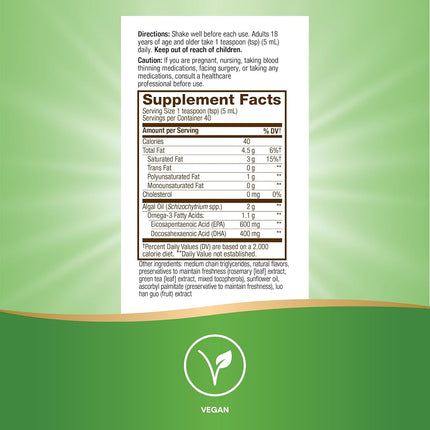 Nature's Way NutraVege Suplemento Líquido Omega-3 Extra Fuerte a Base de Plantas - Vegetariano, Vegano - Sabor Arándano Naranja, 6.8 oz