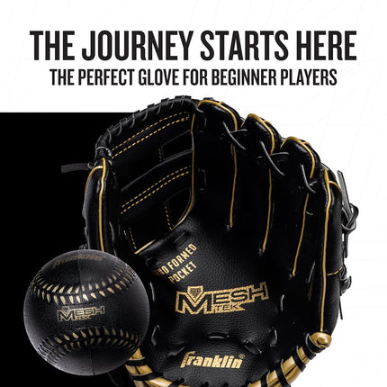 Franklin Sports Kids Baseball Gloves - Meshtek Child's Tball Glove + Ball Set - Boys + Girls Teeball Mitt Set - Kids + Toddler - Right Hand Throw - 9.5", Black/Gold