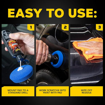 Meguiar’s Quik Scratch Eraser Kit, Car Scratch Remover That Removes Blemishes, Includes Meguiar’s ScratchX, Drill-Mounted Pad, Microfiber Towel