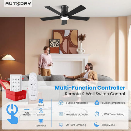 Autoday 42 Inch Low Profile Ceiling Fan with Light, Black Flush Mount Ceiling Fans with Lights and Remote, 6 Speeds, Reversible Quiet DC, 3CCT Dimmable, Indoor/Outdoor Ceiling Fans for Patios Bedroom