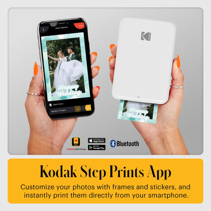 Impresora fotográfica instantánea Kodak Step para smartphone, impresora móvil inalámbrica portátil a color, fotos Zink de 5.1x7.5 cm (2x3") con reverso adhesivo, Bluetooth, paquete de 75 hojas, blanco