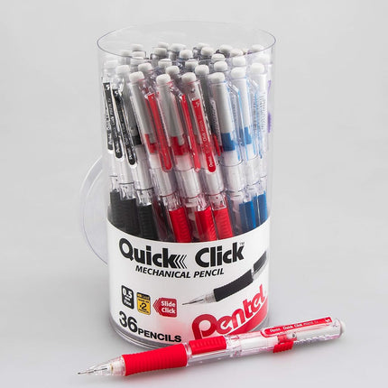 Pentel Quick Click Mechanical Pencil, (0.5mm) Fine Line, Canister, Assorted Colors (A/B/C/N/V), 36-PK (PD215PC36M)