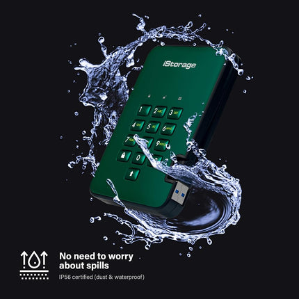 iStorage diskAshur2 HDD 3TB Green - Secure portable hard drive - Password protected - Dust & water resistant - Hardware Encryption