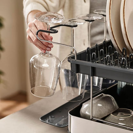Joseph Joseph Excel - Steel 2-Tier Stainless-Steel Dish Rack for Kitchen Counter, Washing up Drainer with draining spout, Movable Cutlery Drainer, Wine-Glass Holder