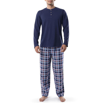 Conjunto de pijama de jersey Henley y pantalón de franela para hombre IZOD, azul marino, S
