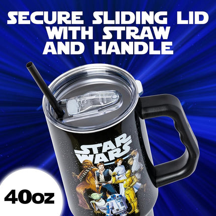 Silver Buffalo Star Wars Stainless Steel Tumbler with Handle and Straw - Chewbacca Yoda R2-D2 C-3PO Princess Leia Han Solo Luke Skywalker Fits in Standard Cup Holders 40oz