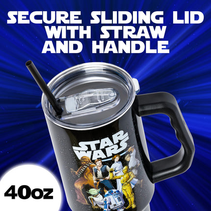 Silver Buffalo Star Wars Stainless Steel Tumbler with Handle and Straw - Chewbacca Yoda R2-D2 C-3PO Princess Leia Han Solo Luke Skywalker Fits in Standard Cup Holders 40oz