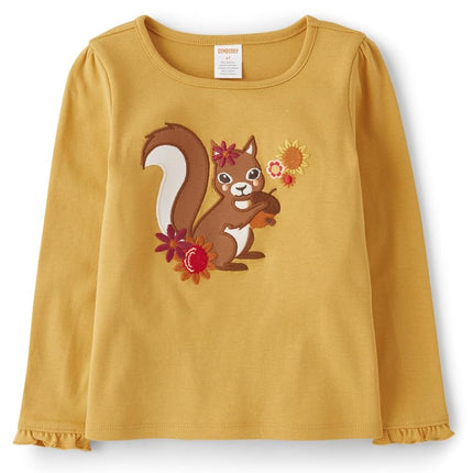 Gymboree Girls' and Toddler Embroidered Graphic Long Sleeve T-Shirts, Squirrel, 12